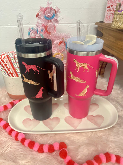 Leopard Print Insulated Travel Tumbler with Straw & Handle – 40oz Stainless Steel Mug