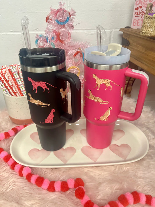 Leopard Print Insulated Travel Tumbler with Straw & Handle – 40oz Stainless Steel Mug