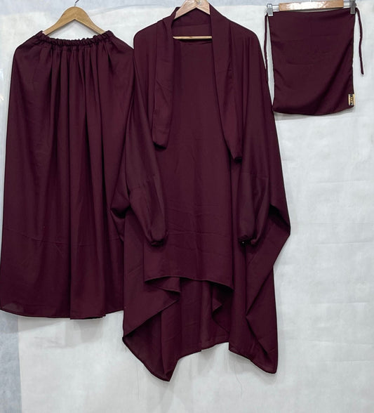 3 Piece Jilbab Set (Jilbab + Skirt + Khimar) -Maroon