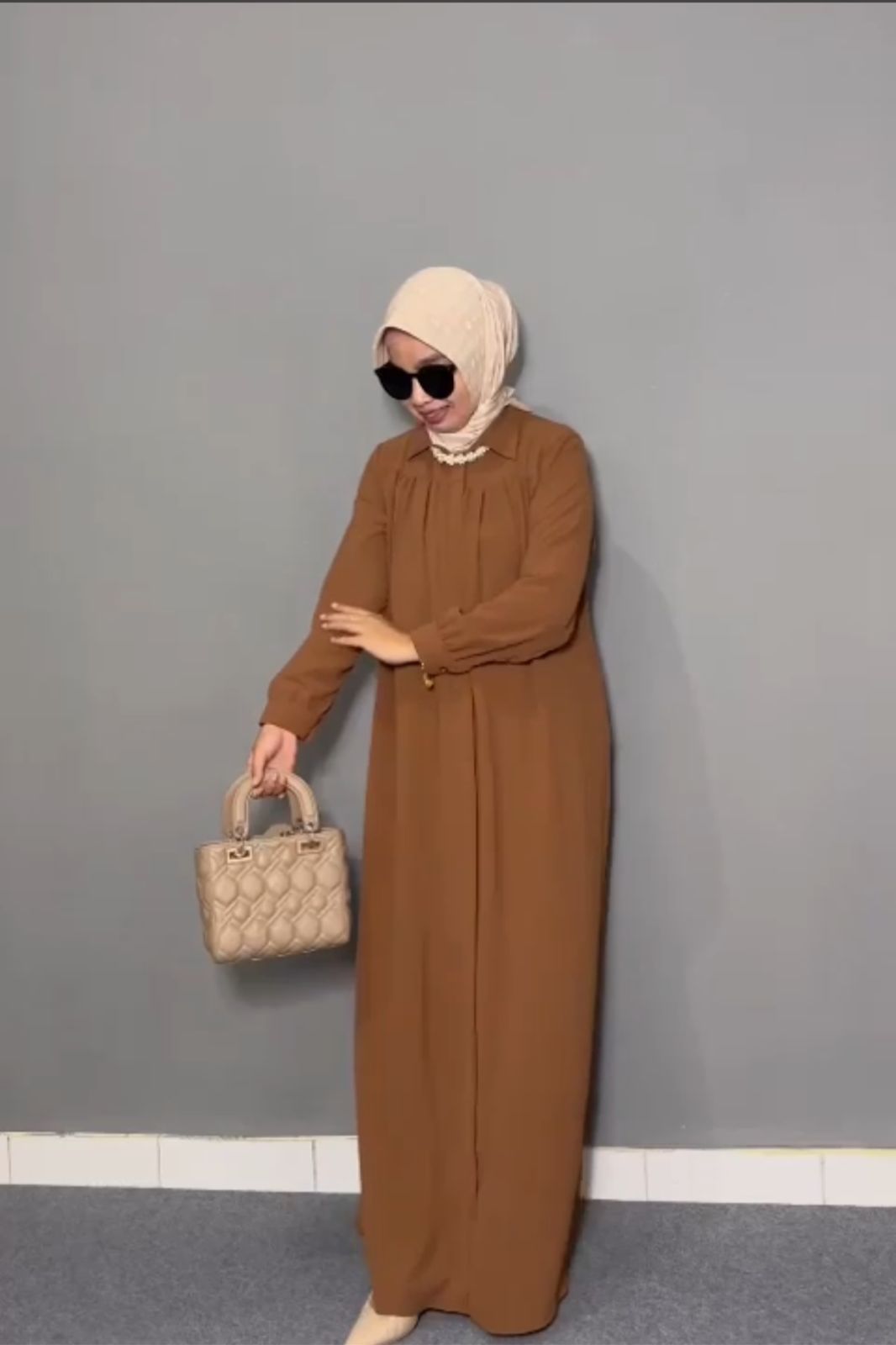 Elegant Pleated Collar Abaya – Modest & Stylish Everyday Wear Brown   color 