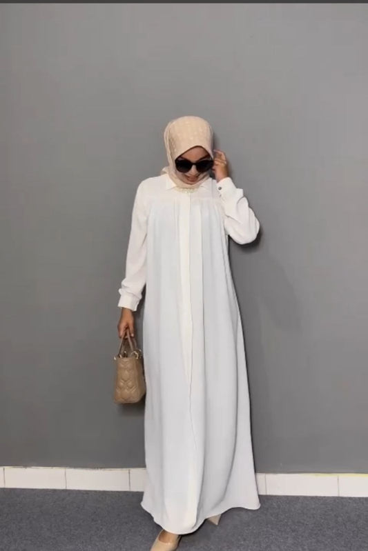 Elegant Pleated Collar Abaya – Modest & Stylish Everyday Wear white color 