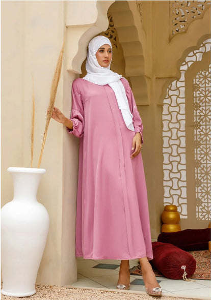 Blush pink abaya with ruched sleeves for modest fashion