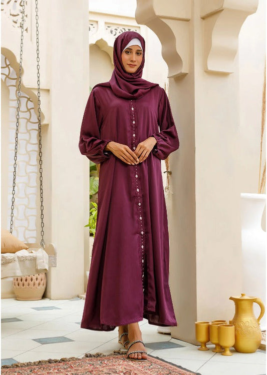 Maroon abaya with embellished front detail for modest fashion