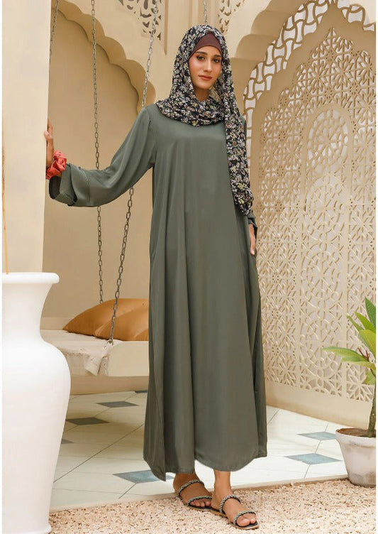 Olive green modest abaya with loose fit design