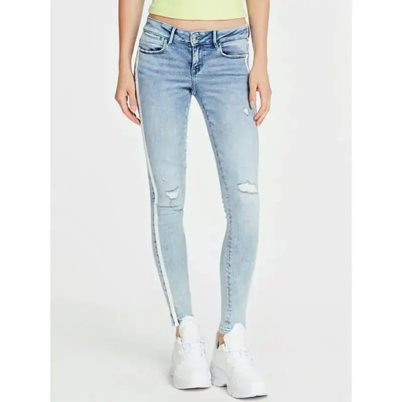Women's Light Blue Distressed Skinny Jeans with Side Stripe