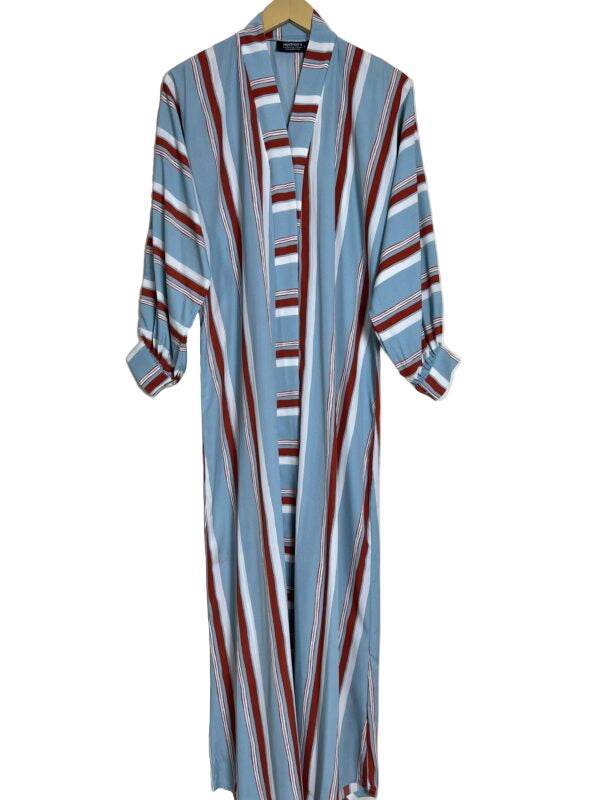 Baby Blue Abaya – Striped Front Open Modest Fashion Dress - SixtyOneShop