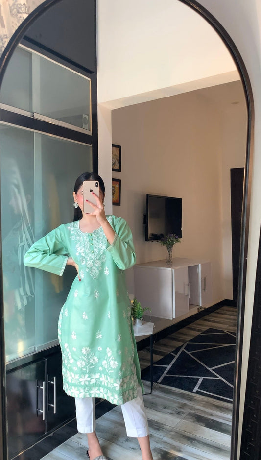 Indian Style Embroidered Kurti - Light Green the-stylefits