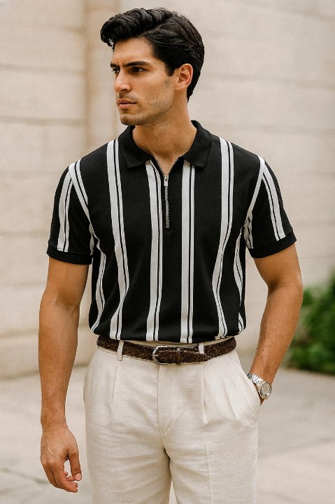 Lining Printed Zipper Collar T-Shirt – Trendy Half-Zip Streetwear for Men