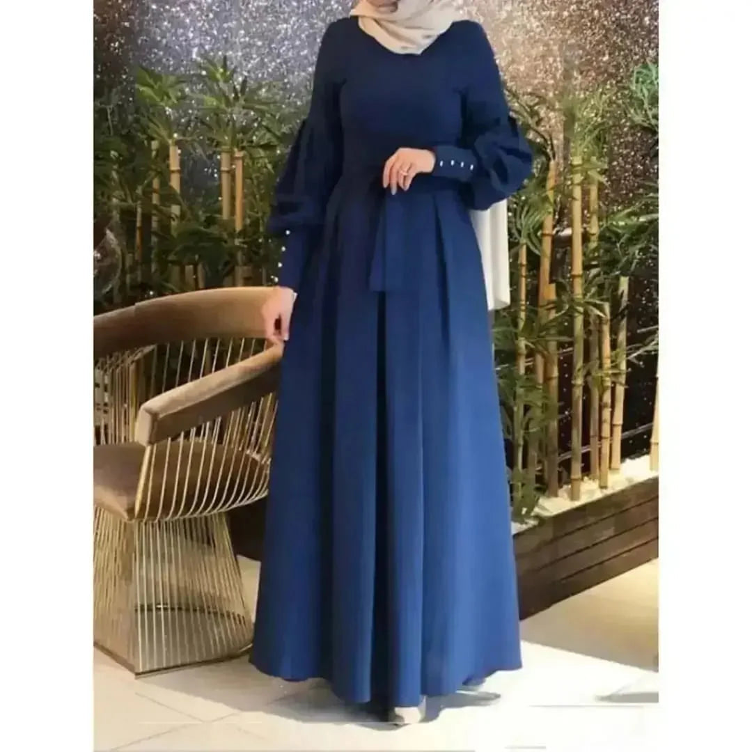 Pleated Modest Belted Maxi Dress – Puff Sleeve Abaya-Style Gown SixtyOneShop