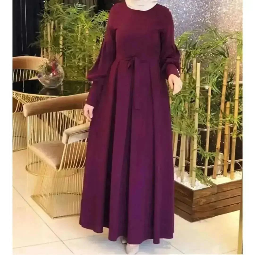 Pleated Modest Belted Maxi Dress – Puff Sleeve Abaya-Style Gown SixtyOneShop