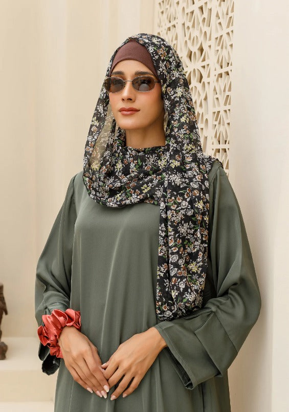 Elegant olive green abaya with breathable lightweight fabric