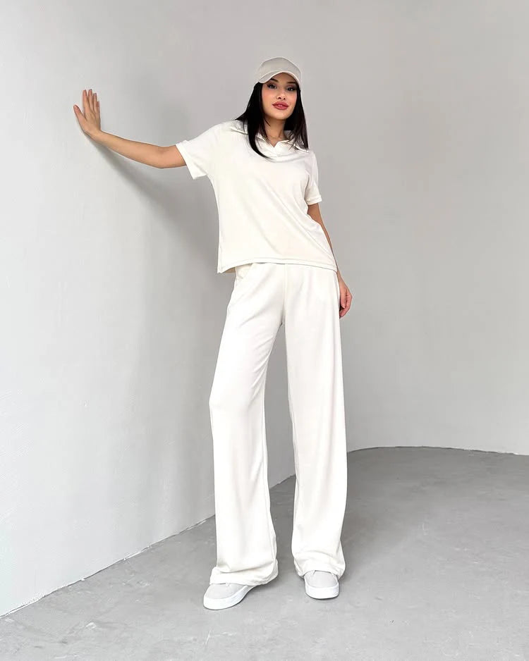 Women’s 3-Piece Loungewear Set – Collared Top & Wide-Leg Pants (Casual Tracksuit)
