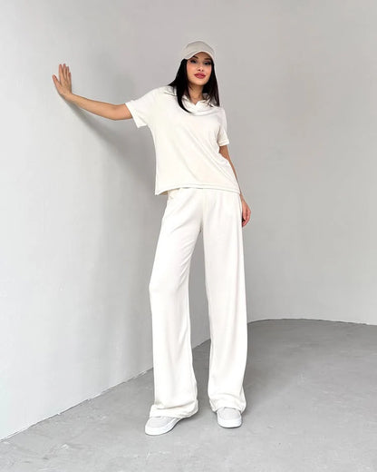 Women’s 3-Piece Loungewear Set – Collared Top & Wide-Leg Pants (Casual Tracksuit)
