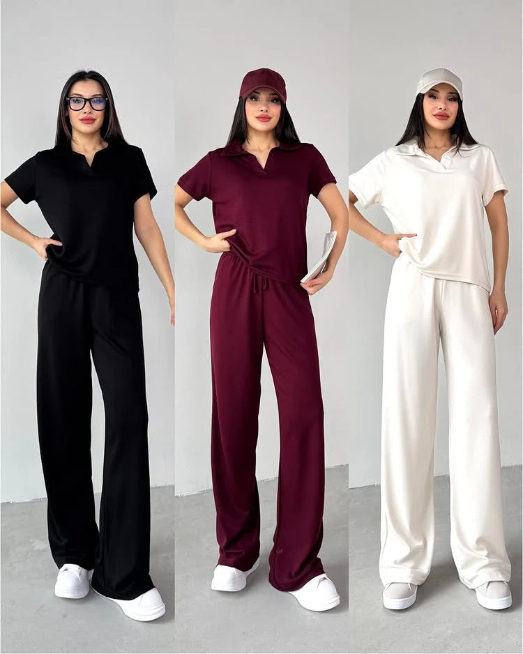 Women’s 3-Piece Loungewear Set – Collared Top & Wide-Leg Pants (Casual Tracksuit)