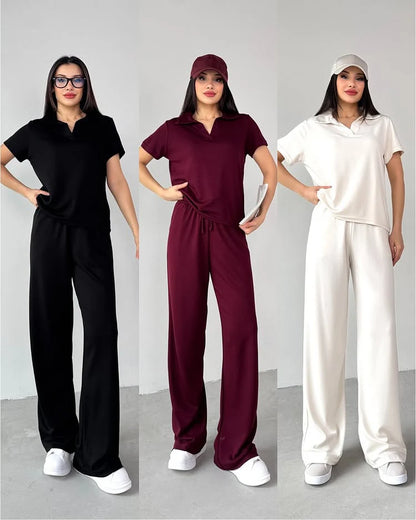 Women’s 3-Piece Loungewear Set – Collared Top & Wide-Leg Pants (Casual Tracksuit)