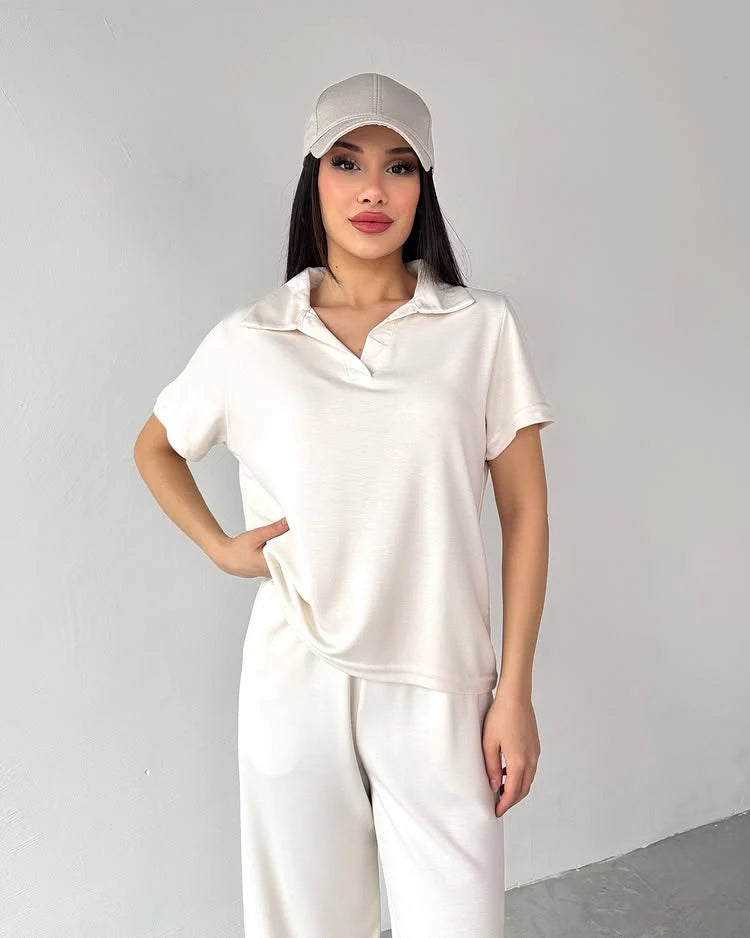 Women’s 3-Piece Loungewear Set – Collared Top & Wide-Leg Pants (Casual Tracksuit)