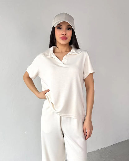 Women’s 3-Piece Loungewear Set – Collared Top & Wide-Leg Pants (Casual Tracksuit)