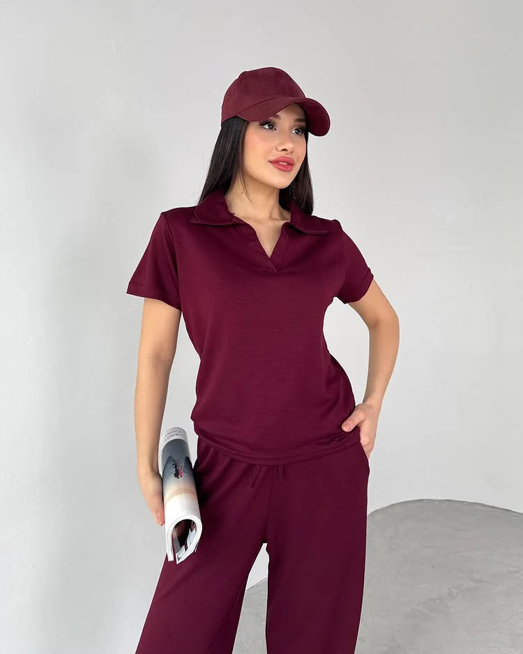 Women’s 3-Piece Loungewear Set – Collared Top & Wide-Leg Pants (Casual Tracksuit)