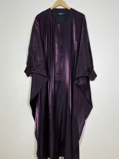 Luxury Glossy Plum Abaya – Silk Finish Evening Kaftan for Women