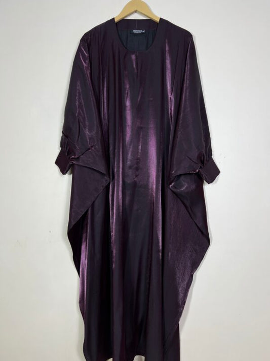 Luxury Glossy Plum Abaya – Silk Finish Evening Kaftan for Women