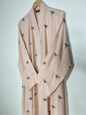 Elegant Light Pink Abaya with Bow Embroidery – Modest Fashion for Women