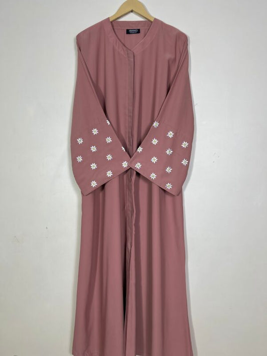 Blush Pink Abaya with White Floral Embroidery