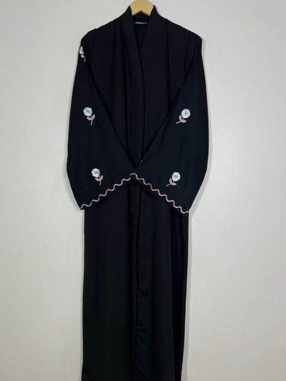 Black Abaya with Pink Floral Embroidery and Wavy Edge - SixtyOneShop