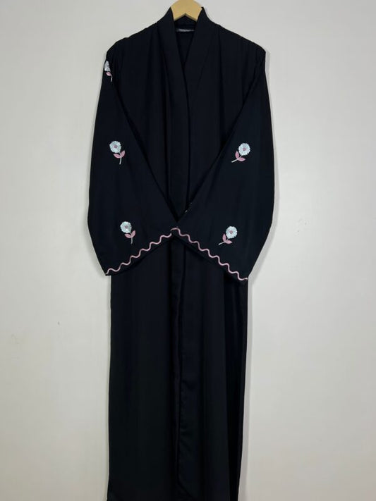 Black Abaya with Pink Floral Embroidery and Wavy Edge