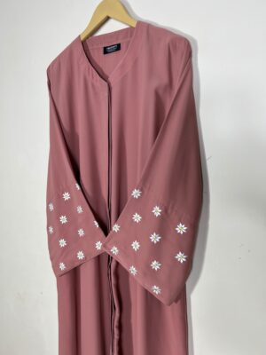 Blush Pink Abaya with White Floral Embroidery