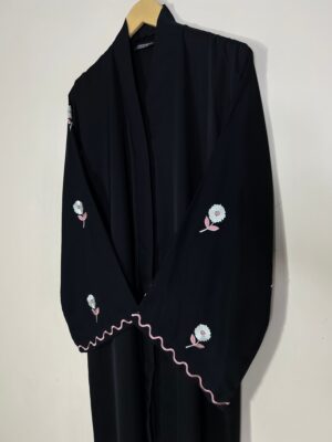 Black Abaya with Pink Floral Embroidery and Wavy Edge