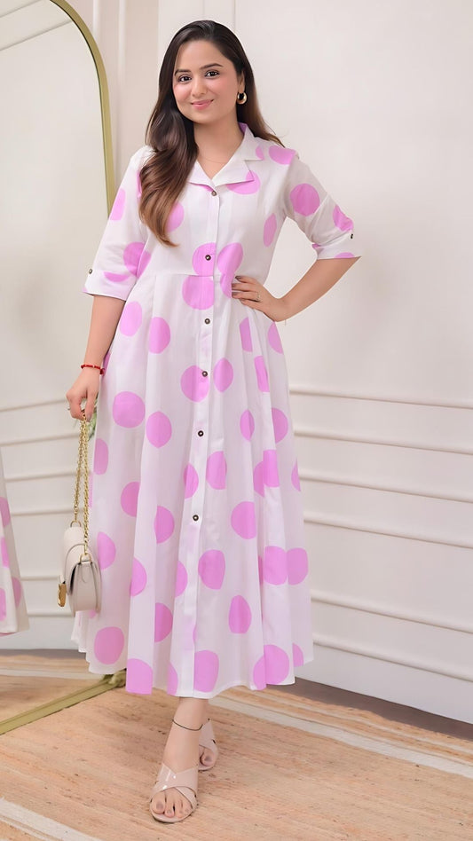 Pink Polka Dots Cotton A Line Dress Wariza
