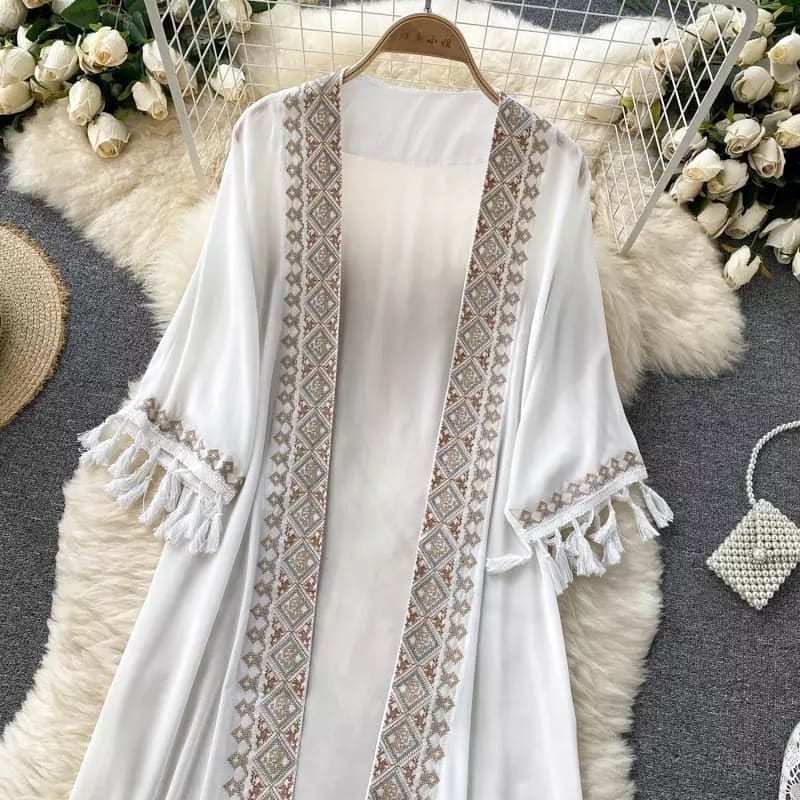 Embroidered Tassel Kimono – Black & White Boho Layering Robe SixtyOneShop