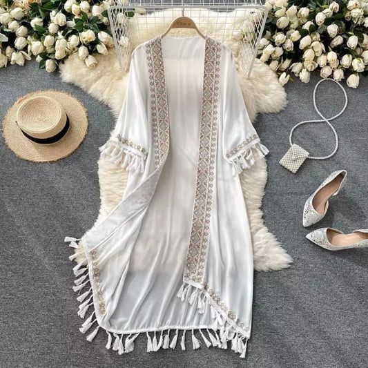 Embroidered Tassel Kimono – Black & White Boho Layering Robe