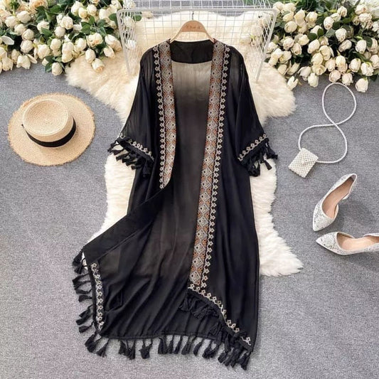 Embroidered Tassel Kimono – Black & White Boho Layering Robe