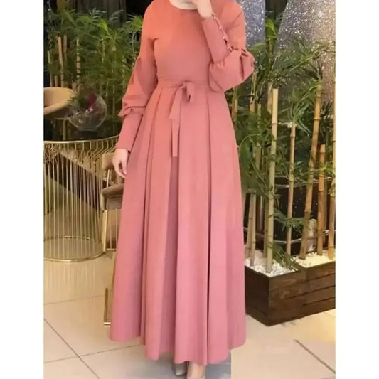 Pleated Modest Belted Maxi Dress – Puff Sleeve Abaya-Style Gown