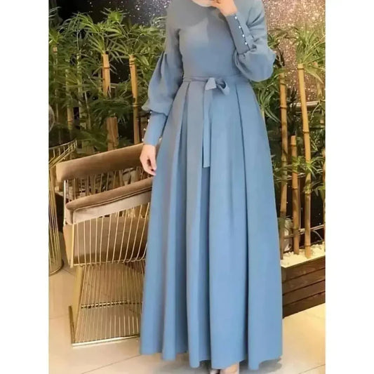 Pleated Modest Belted Maxi Dress – Puff Sleeve Abaya-Style Gown