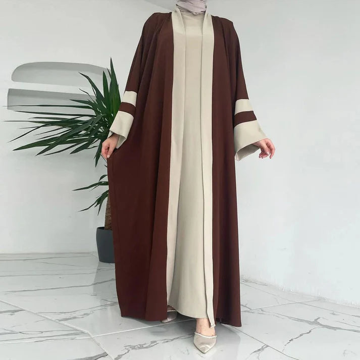 Two-Tone Open Abaya – Coffee Brown & Cream SixtyOneShop