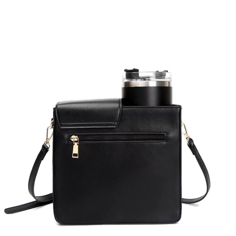 Leather Crossbody Bag with Cup Holder / Tumbler Compartment
