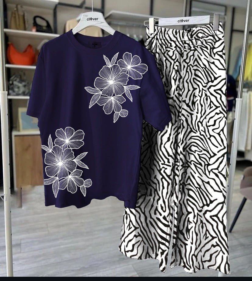 Bold Floral Red T-Shirt & Zebra Print Palazzo Set - Women's Two-Piece Outfit SixtyOneShop