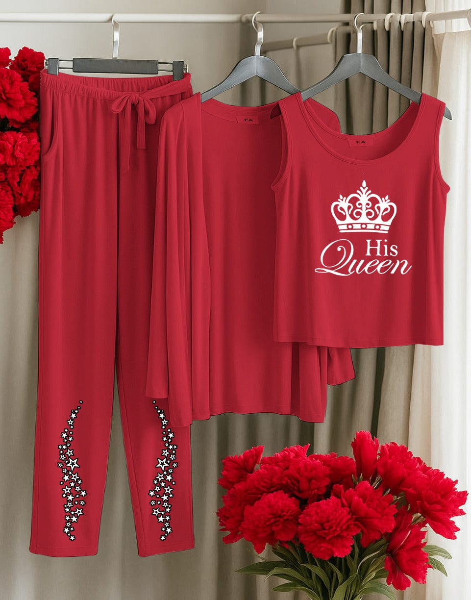 His Queen 3-Piece Red Loungewear Set – Women's Comfy Sleepwear with Stars & Crown Print SixtyOneShop