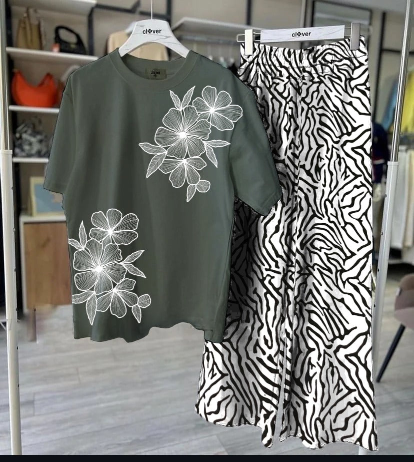 Bold Floral Red T-Shirt & Zebra Print Palazzo Set - Women's Two-Piece Outfit SixtyOneShop