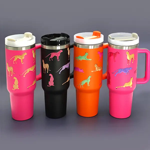 Leopard Print Insulated Travel Tumbler with Straw & Handle – 40oz Stainless Steel Mug