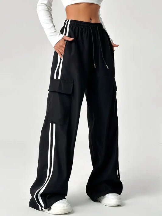 Double Stripe Side Pocket Cargo Joggers – Black