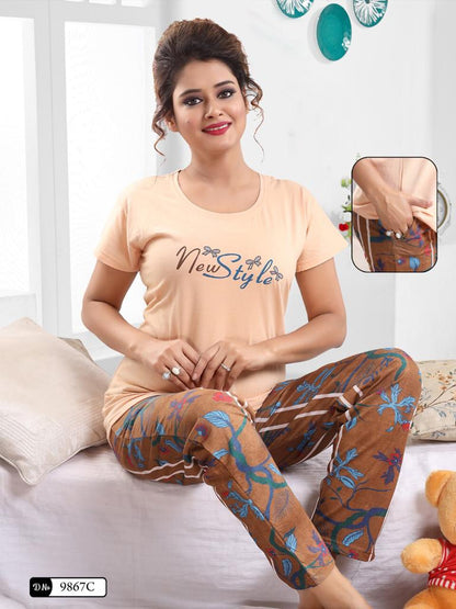 Women’s Cotton Night Suit Set – Printed T-Shirt & Pajama with Pocket | Soft Loungewear & Sleepwear SixtyOneShop