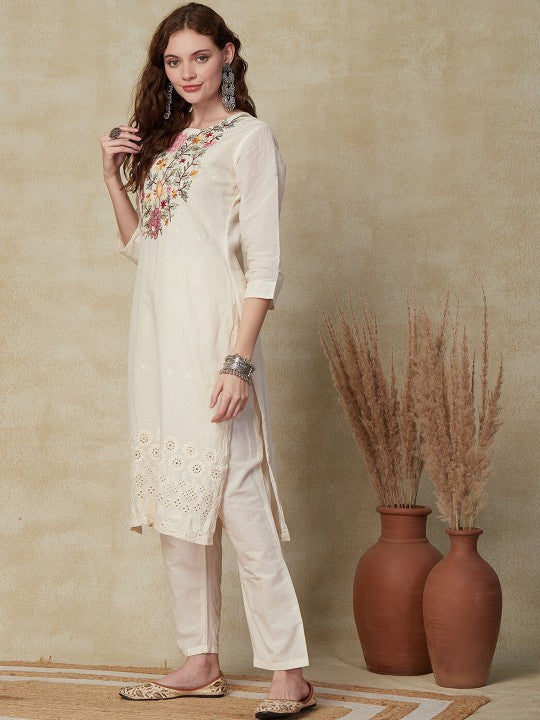 Floral Yoke Design Regular Thread Work Pure Cotton Kurta with Trousers
