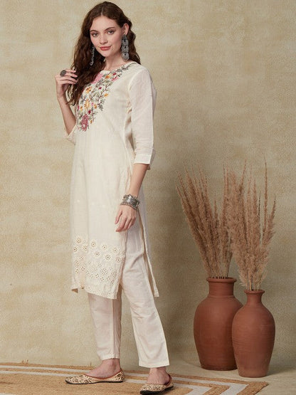 Floral Yoke Design Regular Thread Work Pure Cotton Kurta with Trousers