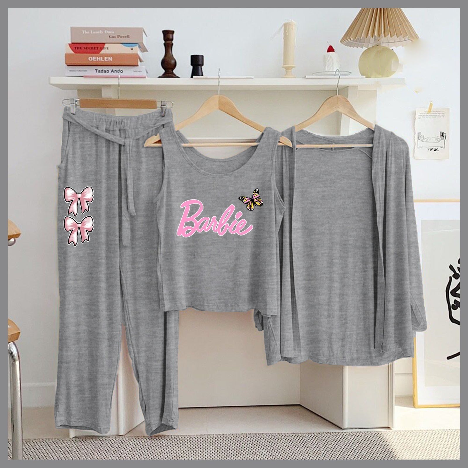 Butterfly & Galaxy 3-Piece Grey Loungewear Set – Women's Cozy Nightwear SixtyOneShop