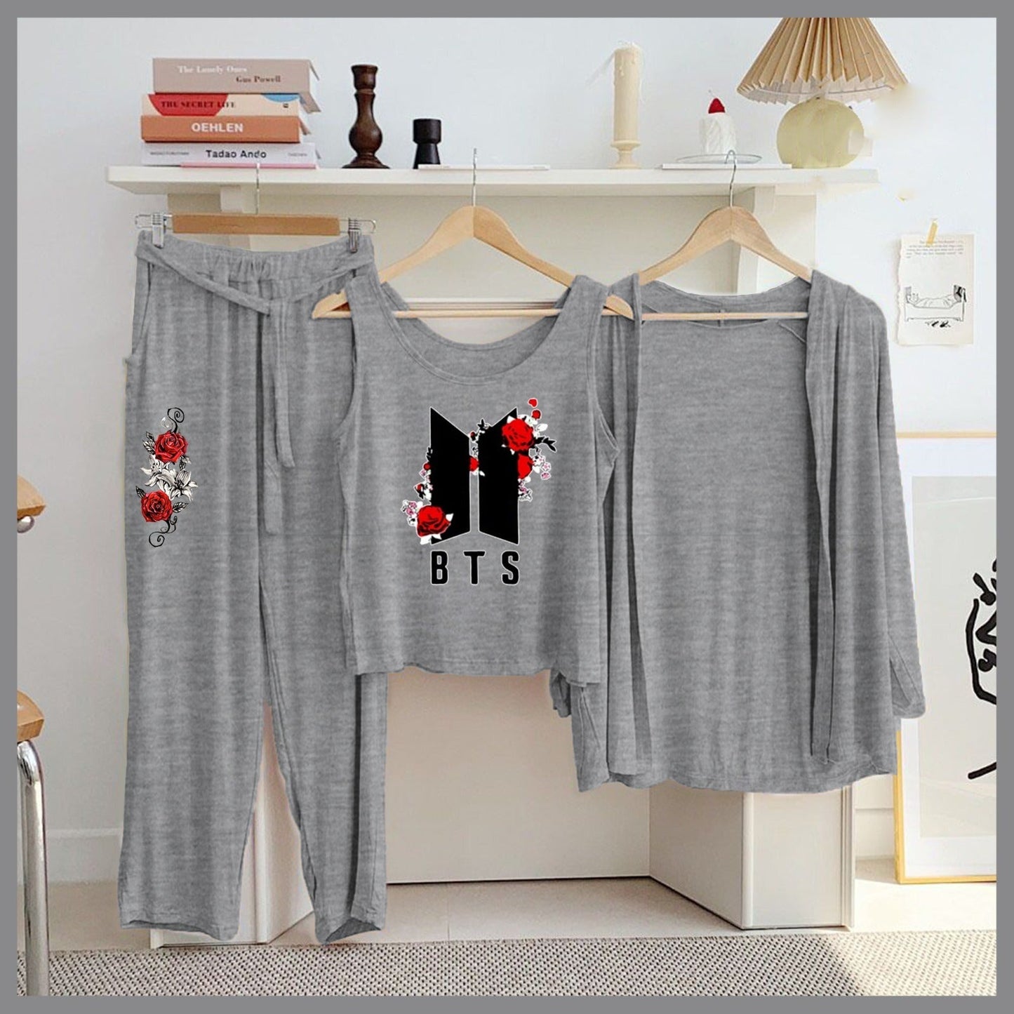 Butterfly & Galaxy 3-Piece Grey Loungewear Set – Women's Cozy Nightwear SixtyOneShop