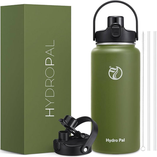 Hydro Pal Stainless Steel Water Bottle – Insulated Wide Mouth Flask with Straw Lid, Handle & Cleaning Accessories | Hot & Cold Thermos – BPA-Free