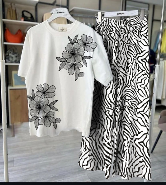 Bold Floral Red T-Shirt & Zebra Print Palazzo Set - Women's Two-Piece Outfit